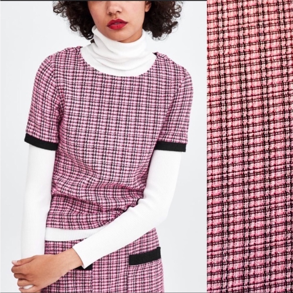 Zara Pink Black Tweed Short-Sleeve Top